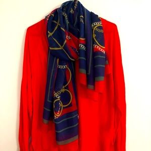 Red Cardigan with red/blue scarf